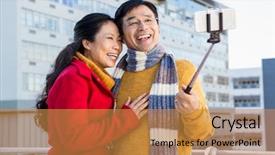  Presentation with older couple - Audience pleasing presentation theme consisting of older asian couple on balcony taking selfie on a cold day backdrop and a gold colored foreground