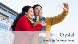  Presentation with older couple - Beautiful presentation design featuring older asian couple on balcony taking selfie on a cold day backdrop and a sky blue colored foreground