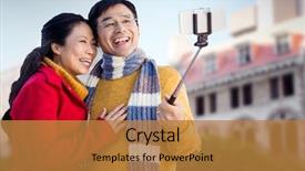  Presentation with older couple - Slide deck consisting of older asian couple on balcony taking selfie against low angle view of city buildings on sunny day background and a gold colored foreground