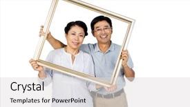 Presentation with older couple - Beautiful presentation design featuring studio shot senior - older asian couple with frame backdrop and a light gray colored foreground