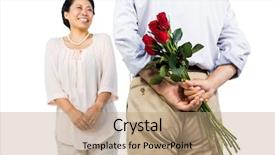  Presentation with older couple - Presentation theme enhanced with older asian couple with roses on white background background and a coral colored foreground
