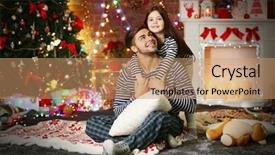  Presentation with sister - PPT theme consisting of older brother with little sister embracing in christmas living room background and a coral colored foreground