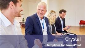  Presentation with congratulations - PPT layouts featuring older-business-man-and-trainee background and a ocean colored foreground