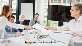  Presentation with older woman - Presentation theme having older-business-woman-as-boss background and a light gray colored foreground