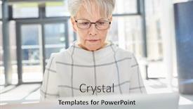  Presentation with research - Presentation theme consisting of older-businesswoman-working-on-pc background and a light gray colored foreground