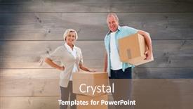  Presentation with older couple - Amazing theme having older couple smiling at camera with moving boxes against bleached wooden planks background backdrop and a coral colored foreground