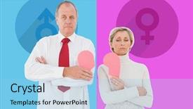  Presentation with older couple - PPT theme having older couple standing holding broken pink heart against pink and blue background and a light blue colored foreground