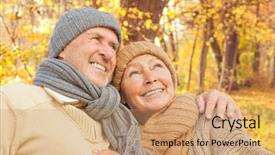  Presentation with senior couple - PPT theme with older family - active senior couple enjoying freetime background and a coral colored foreground