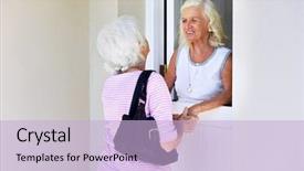  Presentation with saying - PPT theme featuring older lady saying good bye background and a light blue colored foreground