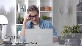  Presentation with home office - PPT theme having older-man-working-online background and a light gray colored foreground