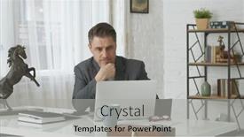  Presentation with home office - PPT theme with older-man-working-with-laptop background and a light gray colored foreground