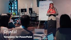  Presentation with diverse people - Slides having older-muslim-businesswoman-presents background and a wine colored foreground