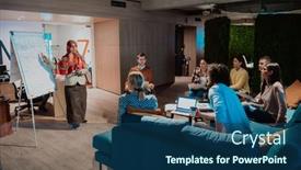  Presentation with diverse people - Presentation theme featuring older-muslim-businesswoman-presents background and a ocean colored foreground