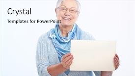  Presentation with elderly holding pills - Audience pleasing presentation theme consisting of older paper - happy elderly lady holding blank backdrop and a cool aqua colored foreground