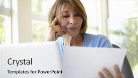  Presentation with at home senior care - Cool new PPT theme with older paper - senior hispanic woman working backdrop and a sky blue colored foreground