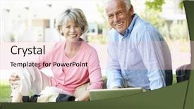  Presentation with older couple - Slide set with older people - senior couple using laptop outdoors background and a lemonade colored foreground