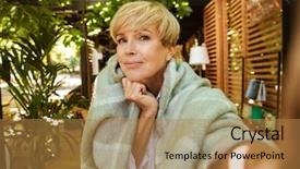  Presentation with cafe - Slide deck with older people - smiling mature woman wrapped background and a coral colored foreground