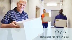  Presentation with haulage - Slide set consisting of older-warehouse-worker-carries-cardboard background and a sky blue colored foreground