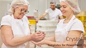  Presentation with older woman - Slide deck consisting of older-woman-as-a-baker background and a coral colored foreground