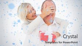  Presentation with older woman - Presentation having older woman covering her partners background and a sky blue colored foreground