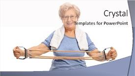  Presentation with older woman - Beautiful presentation theme featuring older woman exercising with a resistance band isolated on white background backdrop and a white colored foreground