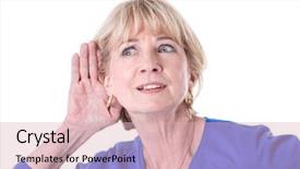  Presentation with older woman - Colorful slide deck enhanced with woman hearing isolated on white backdrop and a lemonade colored foreground