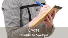  Presentation with older woman - Theme with older woman writing on a small notepad background and a gray colored foreground