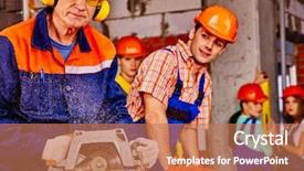  Presentation with old people - Audience pleasing slide set consisting of older workers - happy group people and old backdrop and a coral colored foreground