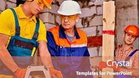  Presentation with builder - Audience pleasing PPT theme consisting of older workers - happy group people builder backdrop and a coral colored foreground