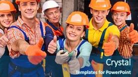  Presentation with group of diverse people - Audience pleasing presentation design consisting of older workers - happy group people in builder backdrop and a ocean colored foreground