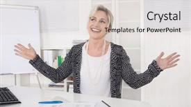  Presentation with desk - Slide set with older workers - satisfied and cheering business woman background and a lemonade colored foreground