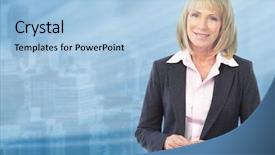  Presentation with business proposal blue - Slides enhanced with older workers - smiling business woman over blue background and a  colored foreground