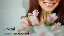  Presentation with tropical flowers close up - Presentation theme featuring olfaction - close-up of female toothy smile background and a light gray colored foreground