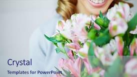  Presentation with blooming lotus flower of pink - Cool new PPT theme with olfaction - close-up of smiling female smelling backdrop and a sky blue colored foreground