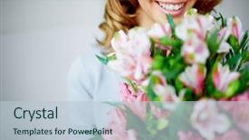  Presentation with pink flowers - Audience pleasing presentation consisting of olfaction - close-up of smiling female smelling backdrop and a lemonade colored foreground