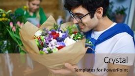  Presentation with floral - PPT theme consisting of olfaction - happy young man smelling multi-floral background and a coral colored foreground