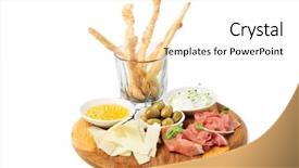  Presentation with green - Presentation theme having olice - assorted cheeses wallnuts prosciutto green background and a  colored foreground