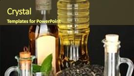  Presentation with olive oil - Amazing presentation design having olive and sunflower oil in the bottles and small decanters isolated on black background close-up backdrop and a tawny brown colored foreground