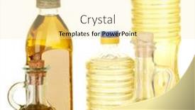  Presentation with olive oil - Presentation theme featuring olive and sunflower oil in the bottles and small decanters isolated on white background and a blonde colored foreground