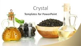  Presentation with olive oil - PPT theme enhanced with olive and sunflower oil in the small decanters isolated on white background and a white colored foreground