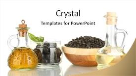  Presentation with olive - Cool new presentation theme with olive and sunflower oil in the small decanters isolated on white backdrop and a white colored foreground