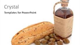  Presentation with olive oil bottle - Colorful theme enhanced with olive bread and olives with bottle of olive oil wrapped in raffia isolated over white background backdrop and a white colored foreground