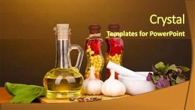  Presentation with cooking - Theme with olive food - set of ingredients and spice background and a tawny brown colored foreground