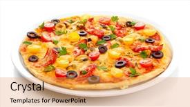  Presentation with white plate - PPT theme with olive food - tasty pizza on the plate background and a gold colored foreground