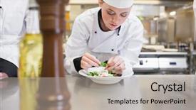  Presentation with chef - Slides with olive mill - chef is finishing her salad background and a light gray colored foreground