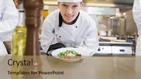  Presentation with for career chef - Audience pleasing presentation theme consisting of olive mill - happy chef presenting her salad backdrop and a coral colored foreground