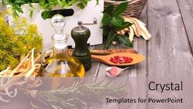  Presentation with herbs - PPT theme having olive mill - ingredients for cooking kitchen herbs background and a mint green colored foreground