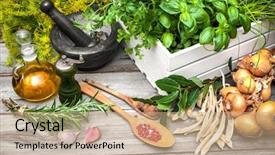  Presentation with rustic herbs on wood - PPT theme consisting of olive mill - ingredients kitchen herbs and spice background and a coral colored foreground
