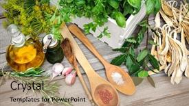  Presentation with herbs - Colorful theme enhanced with olive mill - ingredients kitchen herbs and spice backdrop and a coral colored foreground
