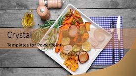  Presentation with grilled - Slide deck consisting of olive mill - plate with grilled vegetables background and a  colored foreground